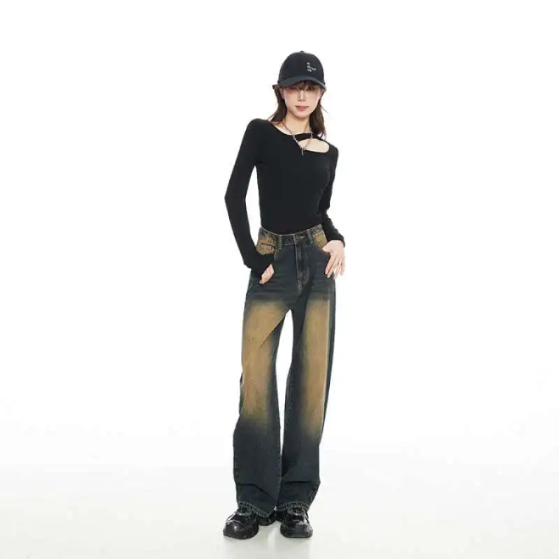 Retro Wide-leg Pants Jeans Women's Lengthened Trousers - Desert Yellow Trousers