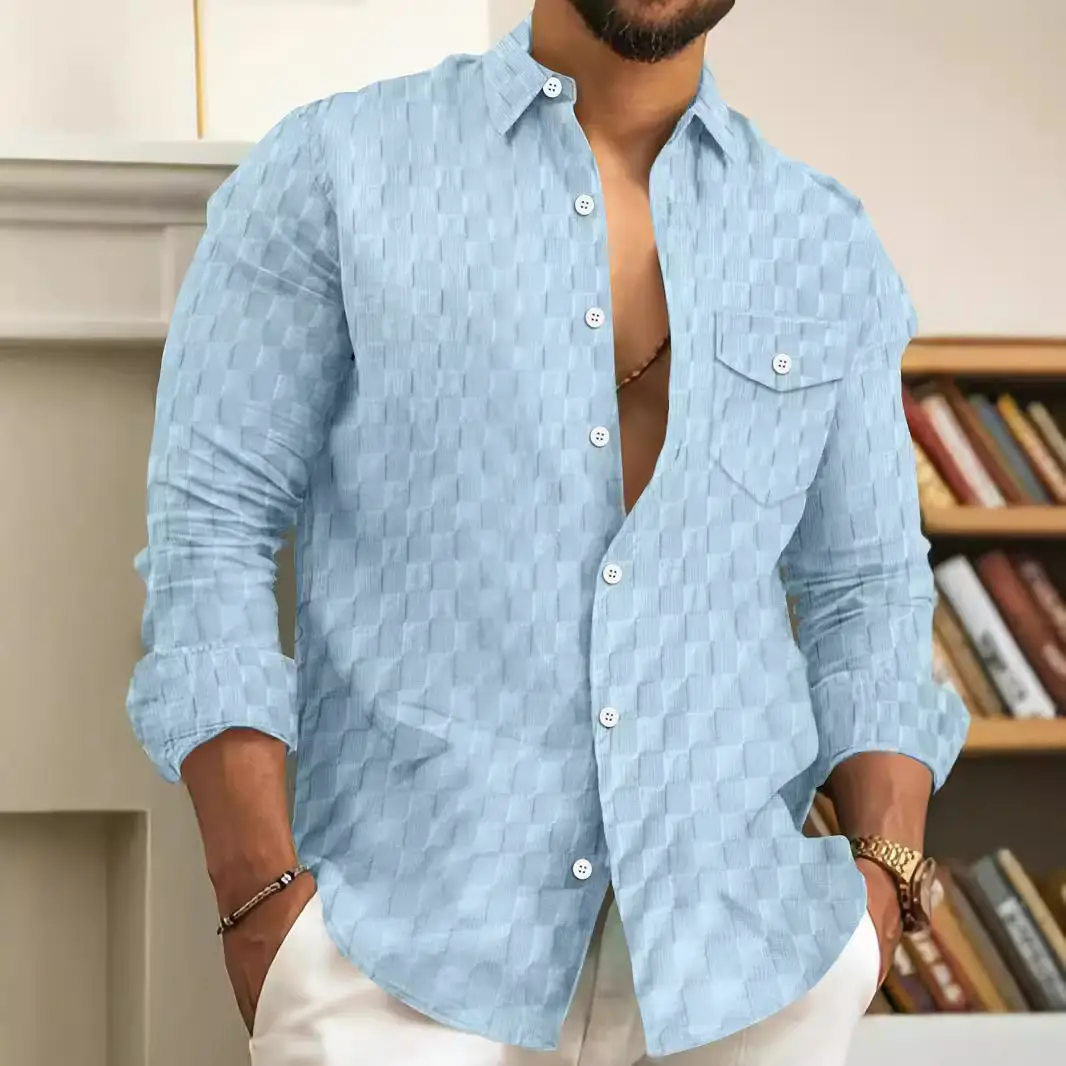 Men's Plaid Jacquard Chest Pocket Lapels Long Sleeve Lapel Shirt