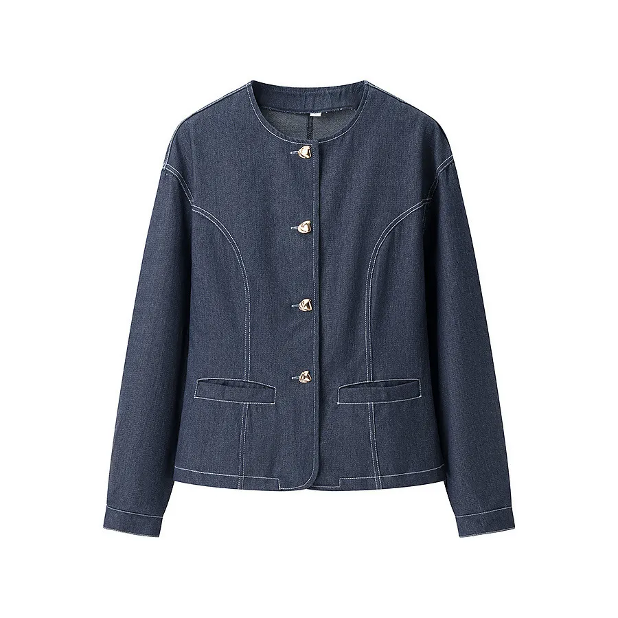 Women's Fashion Casual Round-neck Top High-waist Solid Color Pants Suit - Blue Coat