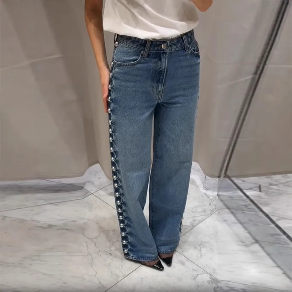 Women's Retro Design Side Round Beads Decorative Jeans