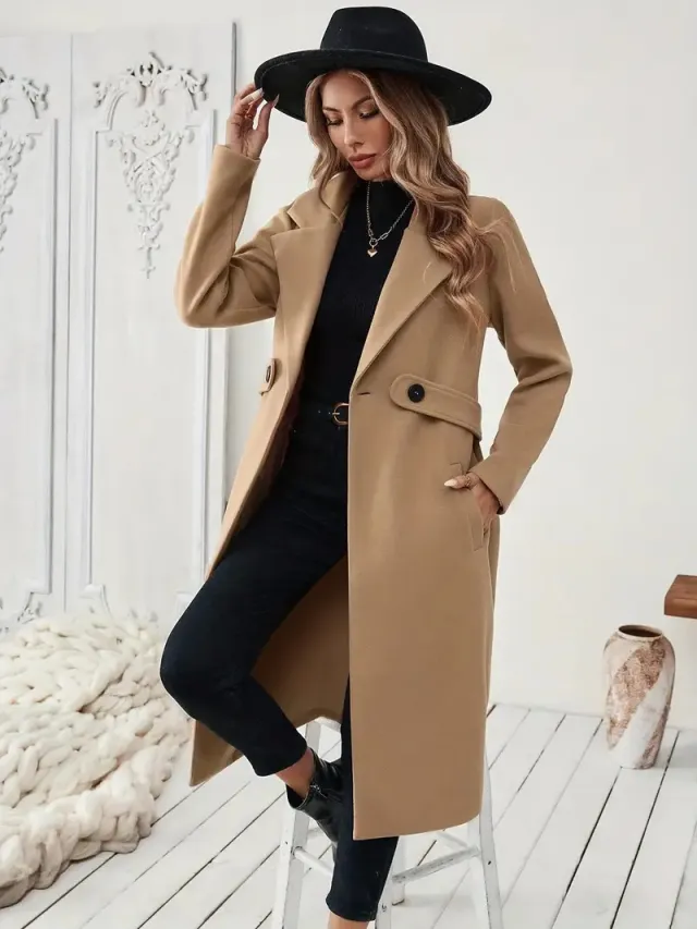 European And American Ladies Elegant Mid length Black Tweed Coat Khaki - Shop at LoveMi