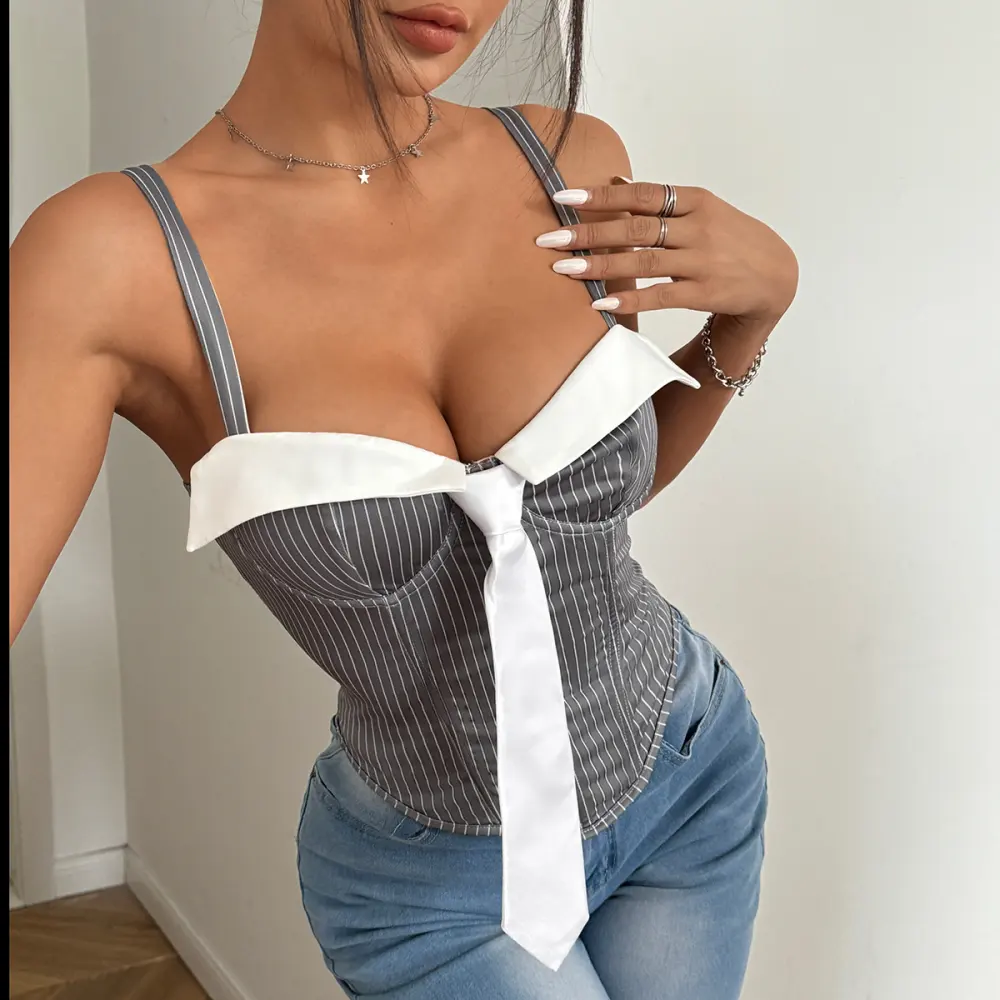 Low-cut Tie Stitching Contrast Color Fishbone Top Wrapped Chest