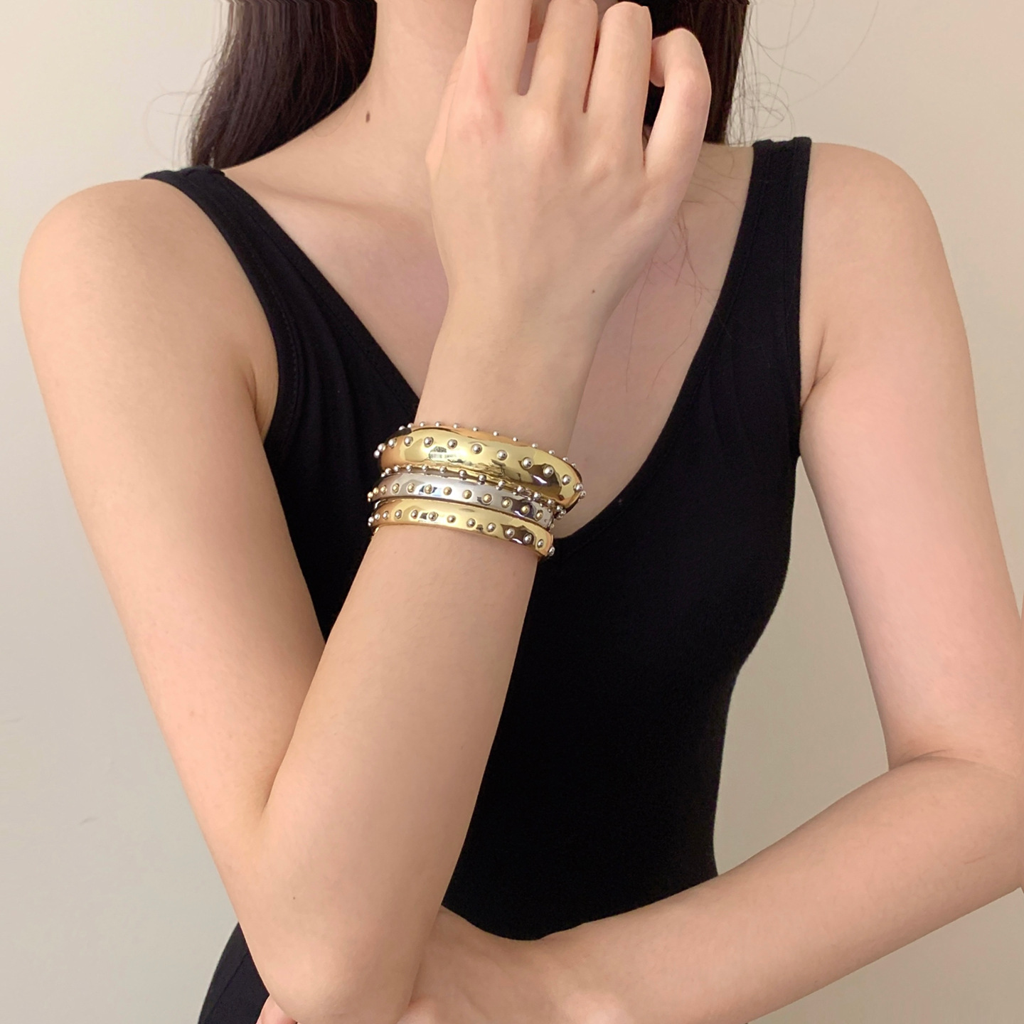 Vintage Three-layer Studded Metal Open-ended Stretch Bracelet For Women