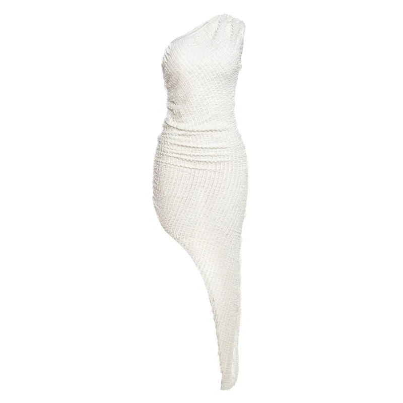 Fashion Shoulder Sleeve Irregular Hem Dress - White