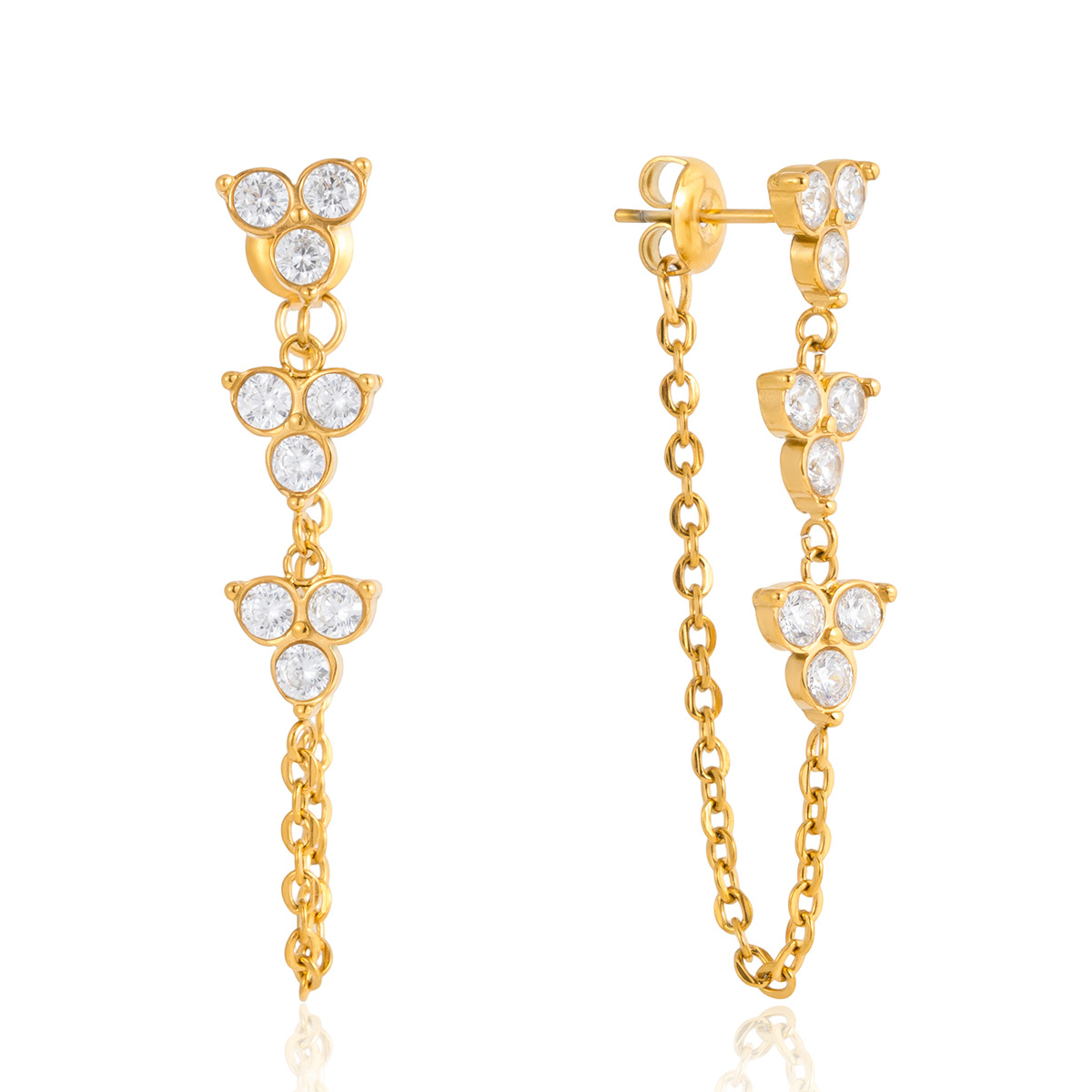 Titanium Steel 18K White Zircon Flower Chain Tassel Earrings For Women