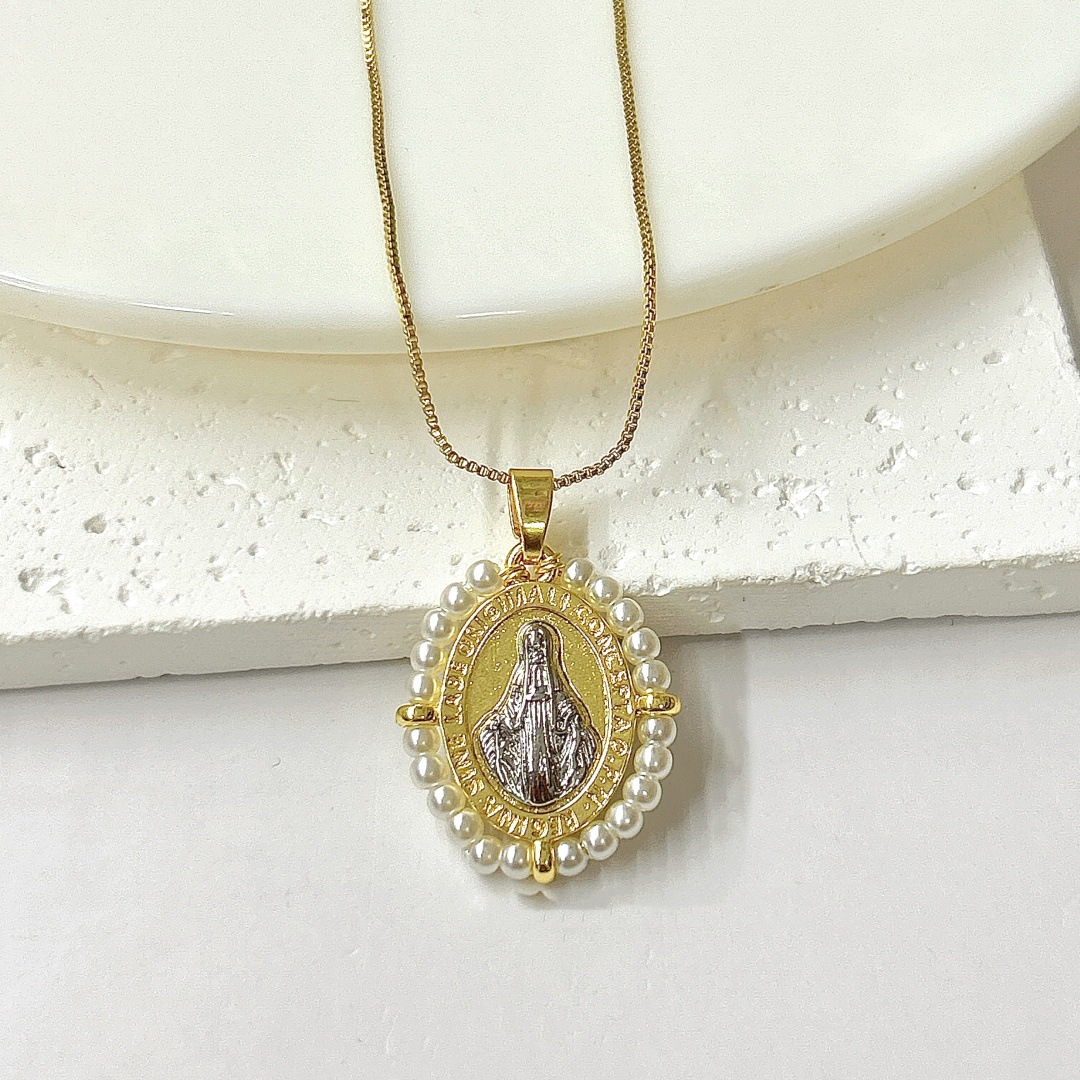 Vintage Oval Hand-woven Virgin Mary Necklace