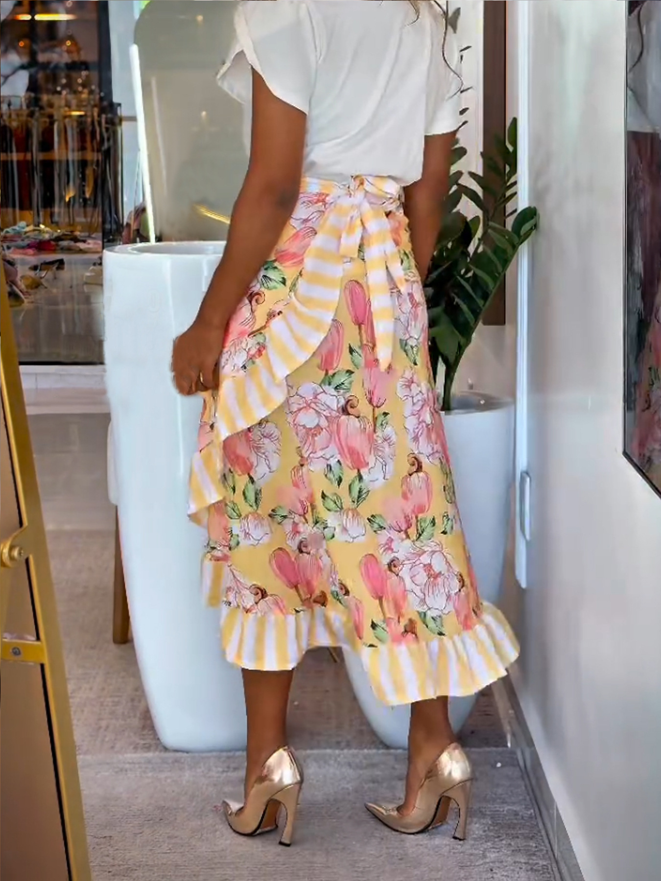 Yellow Asymmetrical Lace-Up Polyester Skirt for Women