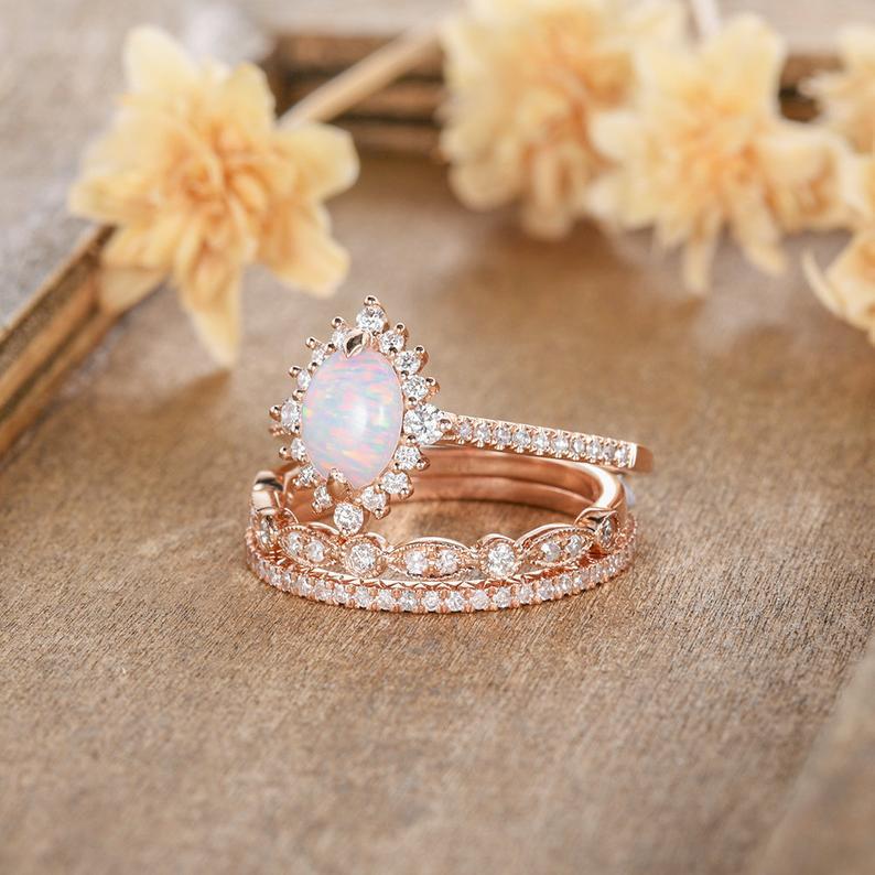 European And American Wish New Rose Gold Lace Opal Ring Set Micro Inlaid Zircon Three-piece Set Women's Engagement Ring Ornament