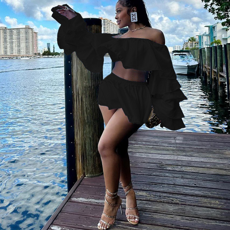 Fashion Ruffles Top Mini Skirt Two-piece Set