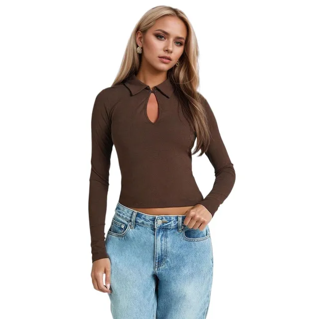 Autumn And Winter New Sexy Semi high Neck Hollowed Out Base Wear Long Sleeve Tight Top For Women Brown - Shop at LoveMi