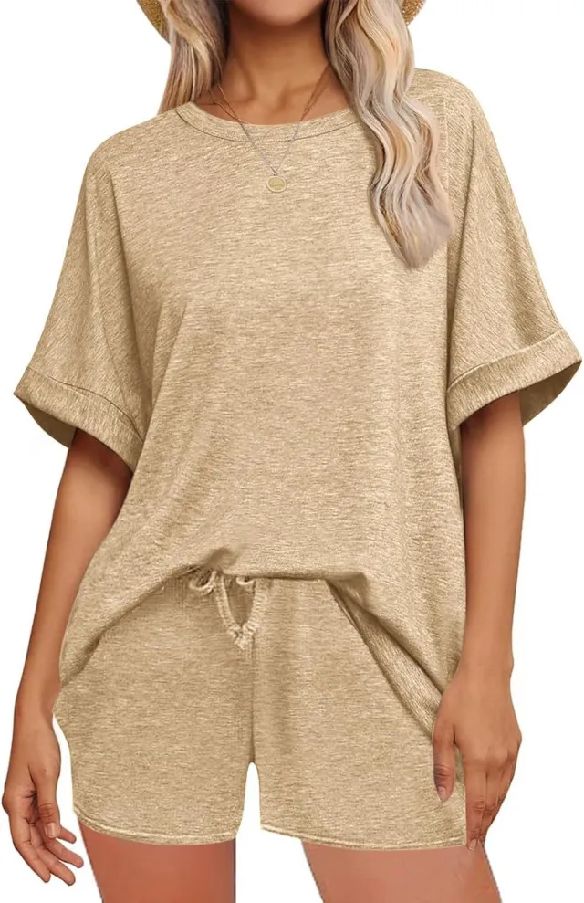 Casual Suit Oversized Short Sleeve T shirt Drawstring Shorts Casual Wear Sportswear Khaki - Shop at LoveMi