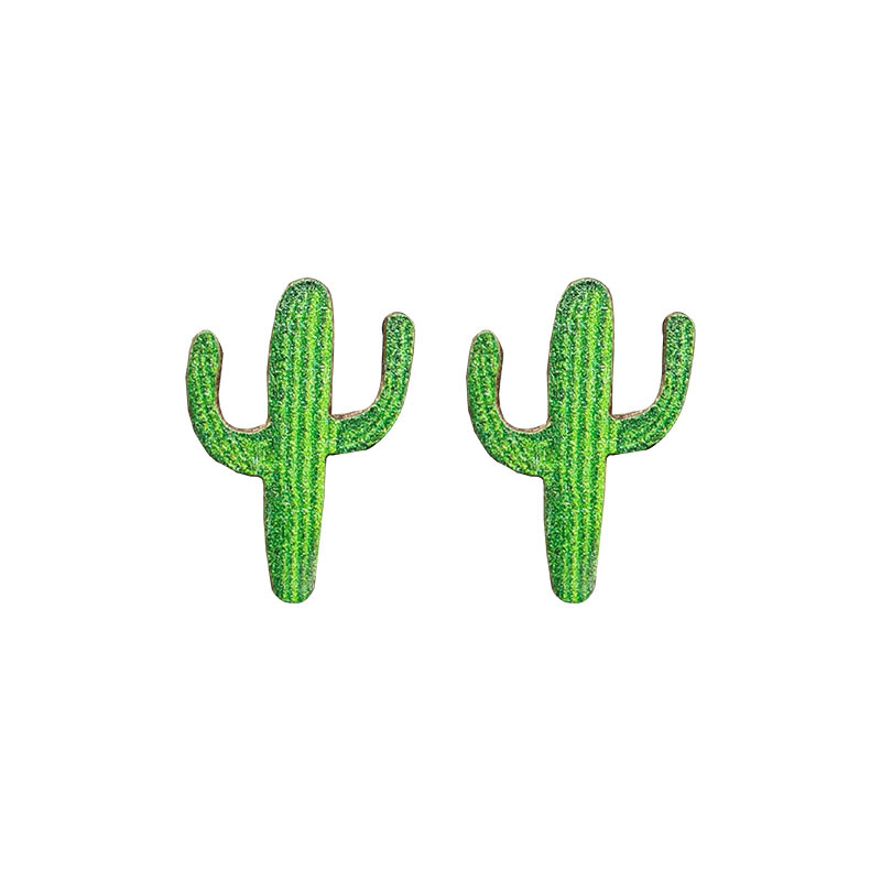 Wooden Cactus Stud Earrings Ethnic Style Leopard Print Lightning Cow Stud Earrings