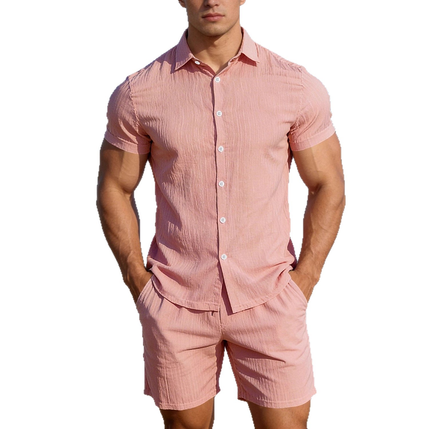 Men's Casual Button-up Short-sleeve Top And Shorts Two-piece Set - Image 4