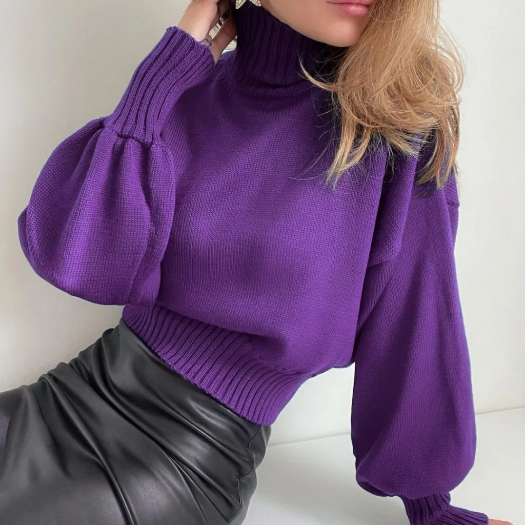 Solid Color Puff Sleeve Turtleneck Fashion Casual Sweater - Violet-L