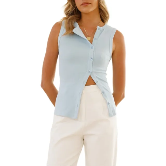 New Solid Color Sexy Sleeveless Button Cardigan Blue - Shop at LoveMi
