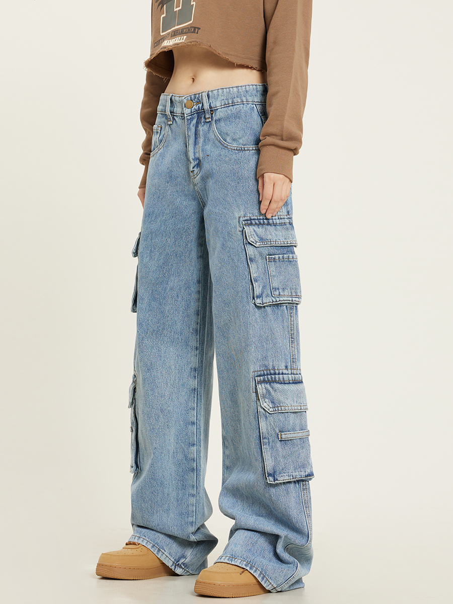 Retro Washed Multi-pocket Jeans Women's Overalls Straight Casual Pants - Image 6