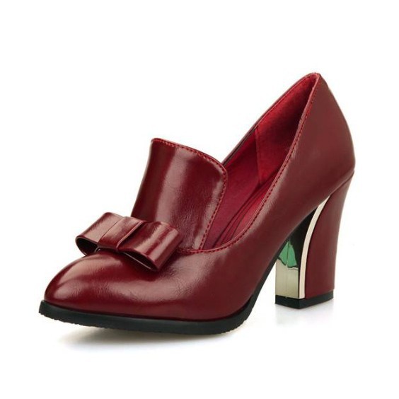Mid-heel Chunky-heel Bow Large-size PU Lace-up High Heels