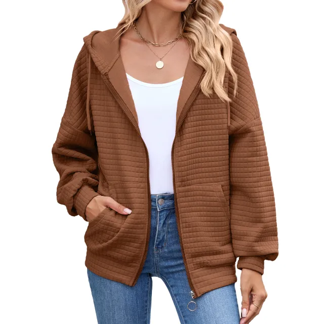 New Solid color Zip up Long sleeve Hoodie With A Hood And Pockets For Women Brown - Shop at LoveMi