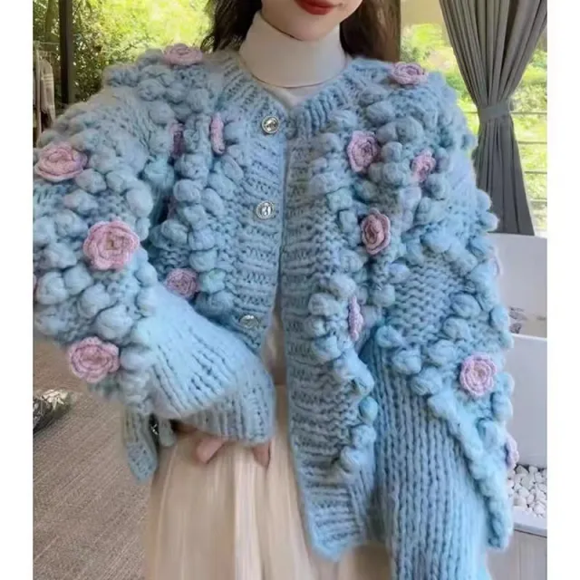 Sweater Gentle Three dimensional Flower Top For Women Light Blue - Shop at LoveMi