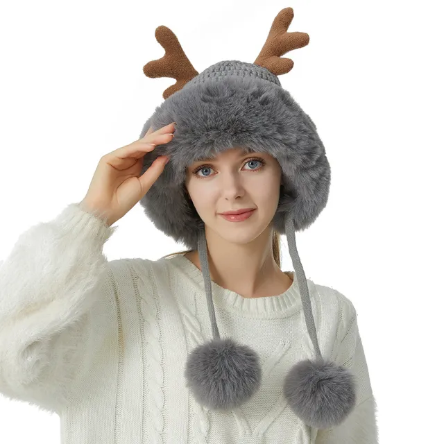 Christmas Antlers Knitted Hat Large Plush Edge Cute Wool Hat Gray - Shop at LoveMi