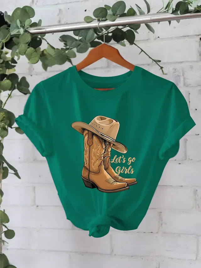 Cotton T shirt Female Martin Boots Hat Printing Bamboo Green - Shop at LoveMi