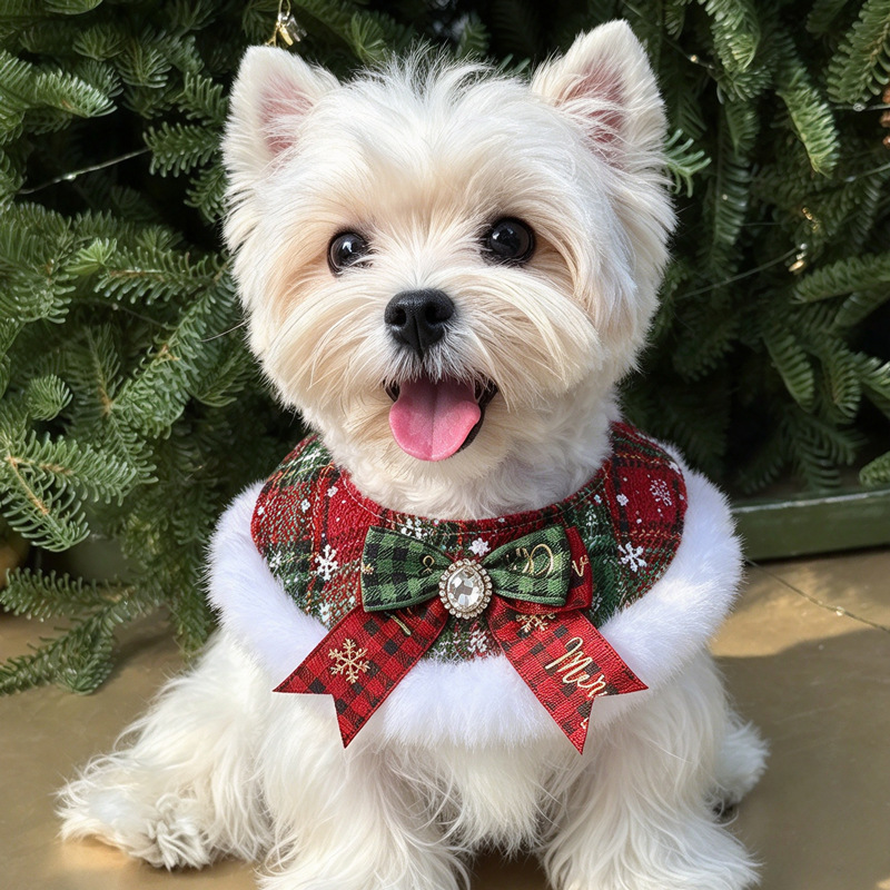 Christmas Red And Green Plaid Plush Bowknot Cute Puppy Triangular Pet Scarf detail photo 5