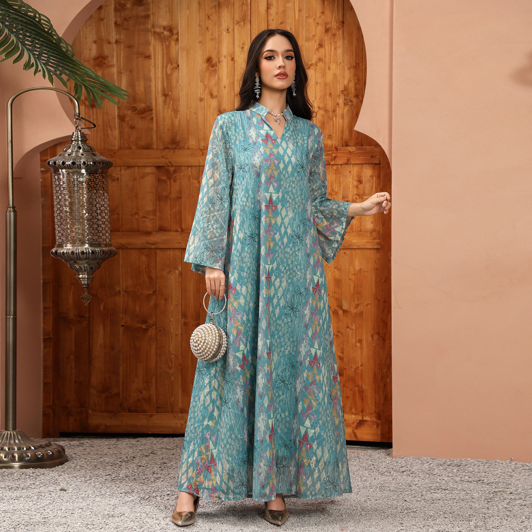 Embroidered Print Long-Sleeve Casual Dress