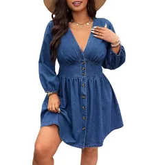 Cowboy V-neck Waist Midi Dress - Blue - View 1