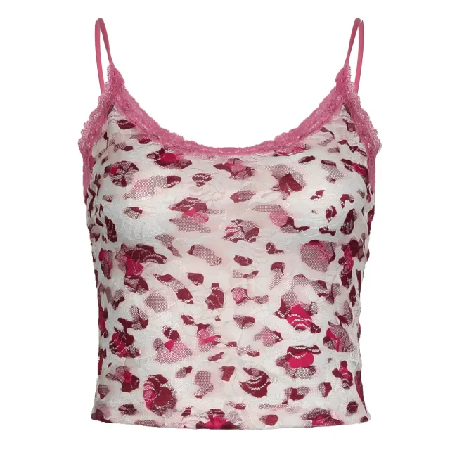 Printed Contrast Color Lace Low Collar Camisole Pink - Shop at LoveMi