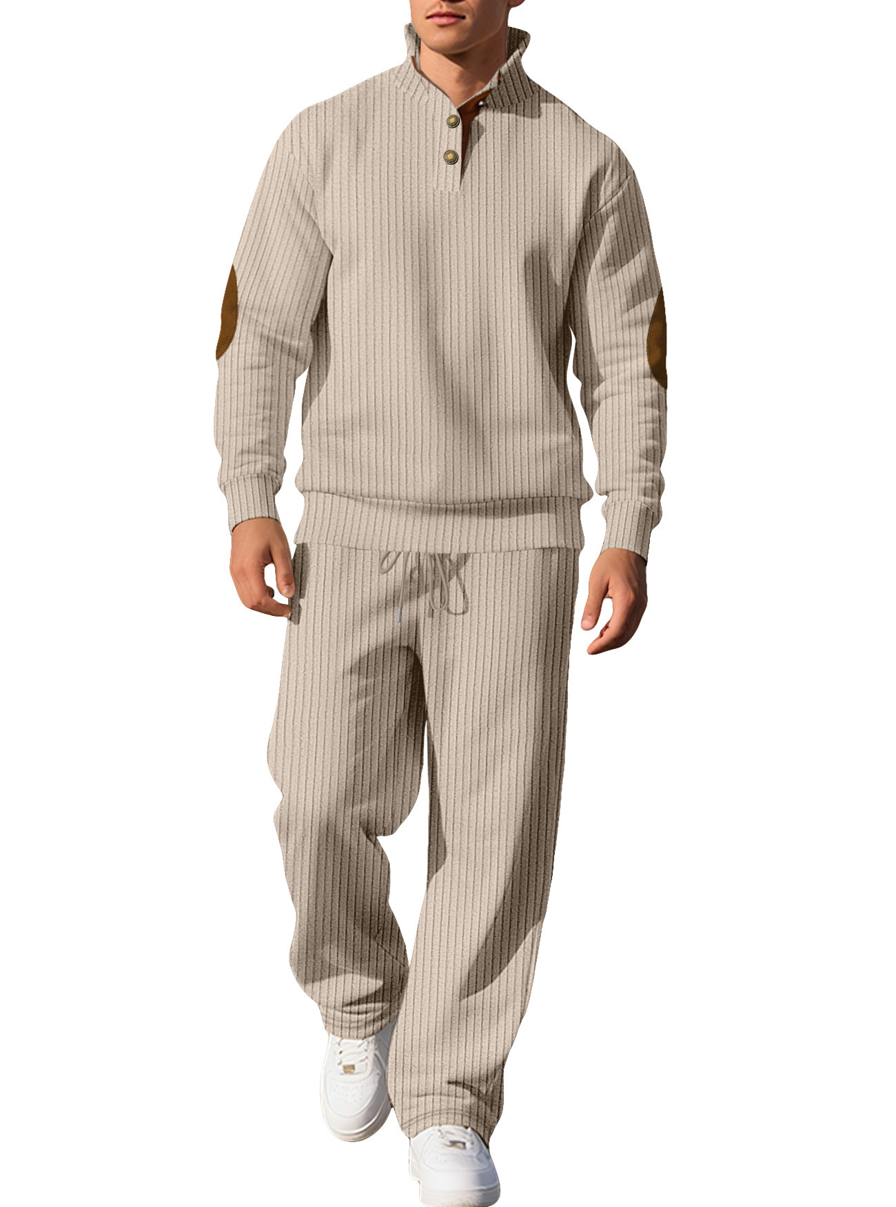 Mens Casual Trousers And Stand-collar Versatile Jacquard Ribbed Knit Top Autumn Outfit Set