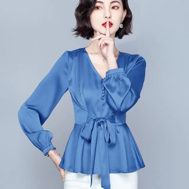 Fashion Women's Fall Plus Size Long Sleeve Tied Shirt Top Blue - Shop at LoveMi