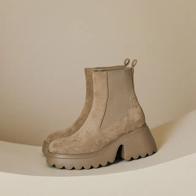 Lightweight Thick Bottom 7cm High Heel Suede Stretch Boots Khaki - Shop at LoveMi