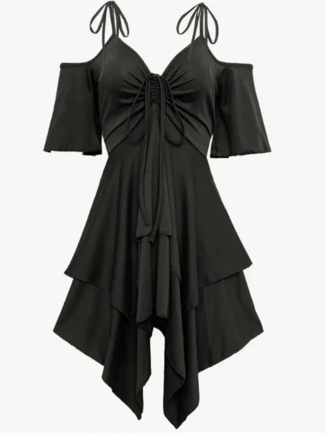 Plus Size Women's Clothing Street Hipster V neck Cold Shoulder Short Sleeve Dress Black - Shop at LoveMi