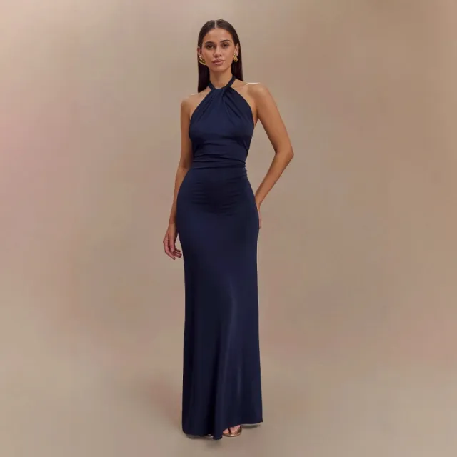 Ins Bodycon Halter Dress Sexy Backless Slim Fit Waist Slimming Maxi Dresses Prom Party Club Clothing For Women Dark Blue - Shop at LoveMi