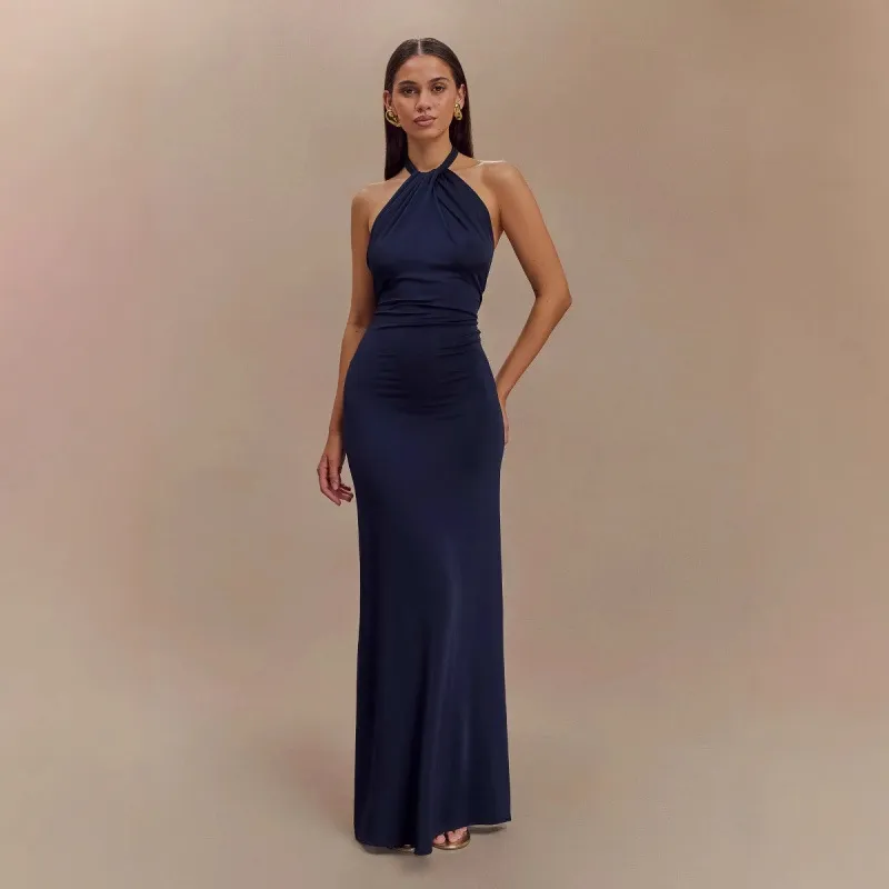 Ins Bodycon Halter Dress Sexy Backless Slim Fit Waist Slimming Maxi Dresses Prom Party Club Clothing For Women - Dark Blue
