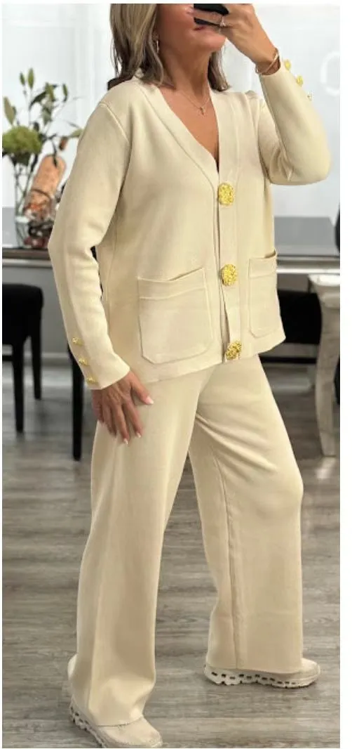 Metal Buckle Knitted Cardigan Sweater Wide Leg Pants Suit Beige - Shop at LoveMi