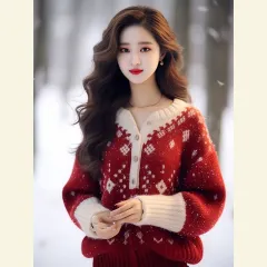 Women's Western-style Striped Christmas Sweater - Red - View 1