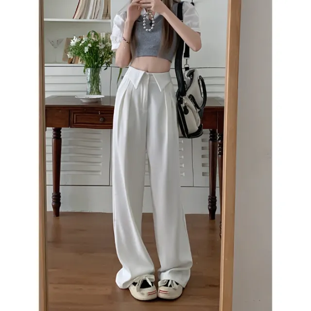High end Design Waist Flanging Suit Pants For Women White - Shop at LoveMi