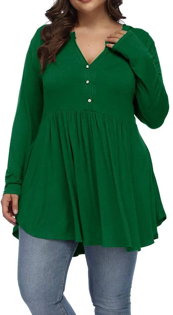 V neck Buttons Pleated Long Sleeve Plus Size T shirt Green - Shop at LoveMi
