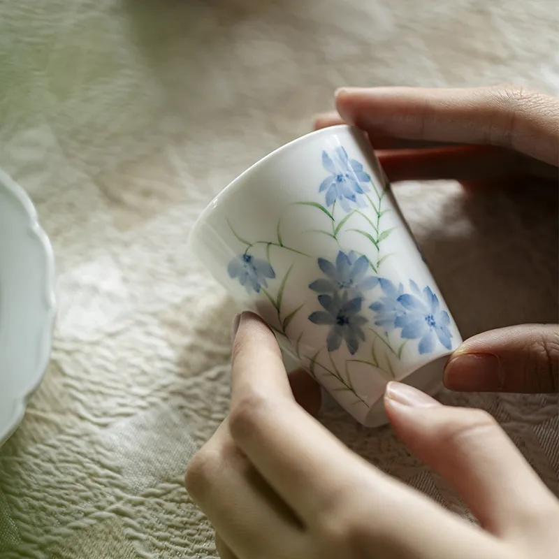 Jade Mud Hand Painted Blue Flower Straight Tube Kung Fu Tea Set Ceramic Home