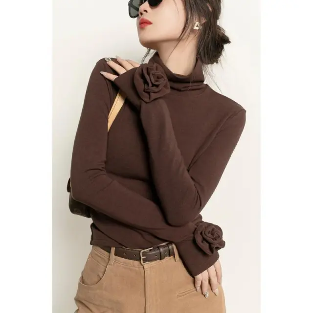 Brown Micro Velvet Lined Turtleneck Bottoming Shirt For Women Brown - Shop at LoveMi