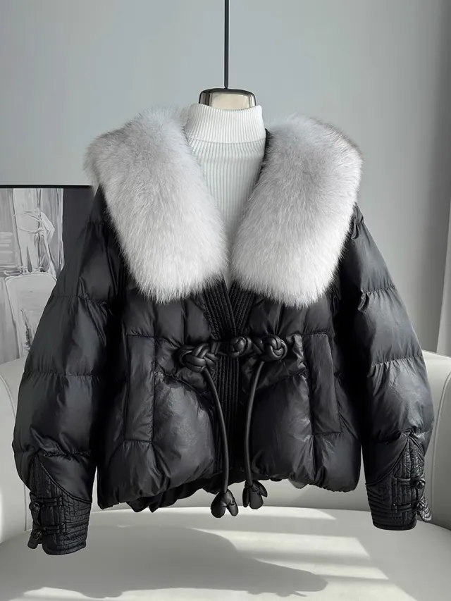 Polyester Women's Loose Thick Cotton Coat With Fur Collar Black - Shop at LoveMi