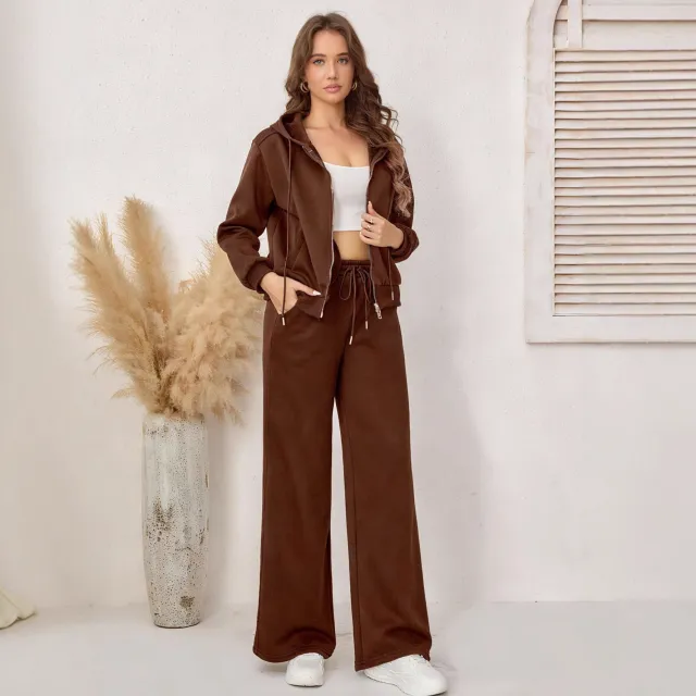 Slim fit Fleece lined Hooded Double Zipper Sweater Coat And Trousers Two piece Set Brown - Shop at LoveMi