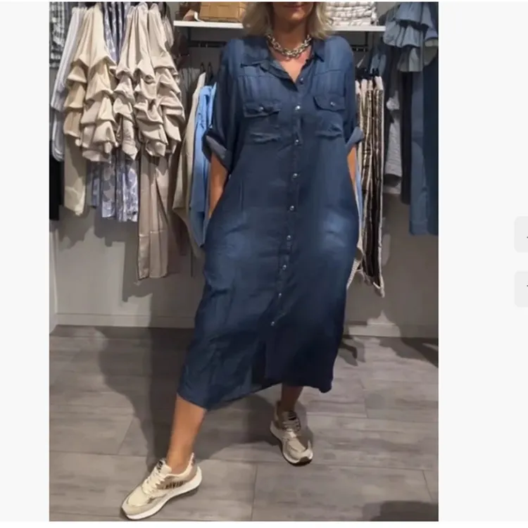 Summer Women's Fashion Casual Single-breasted Short Sleeve Dress - Blue