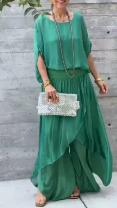 Loose Comfortable Top Split Wide Leg Pants Chiffon Casual Suit - Emerald-S - View 1
