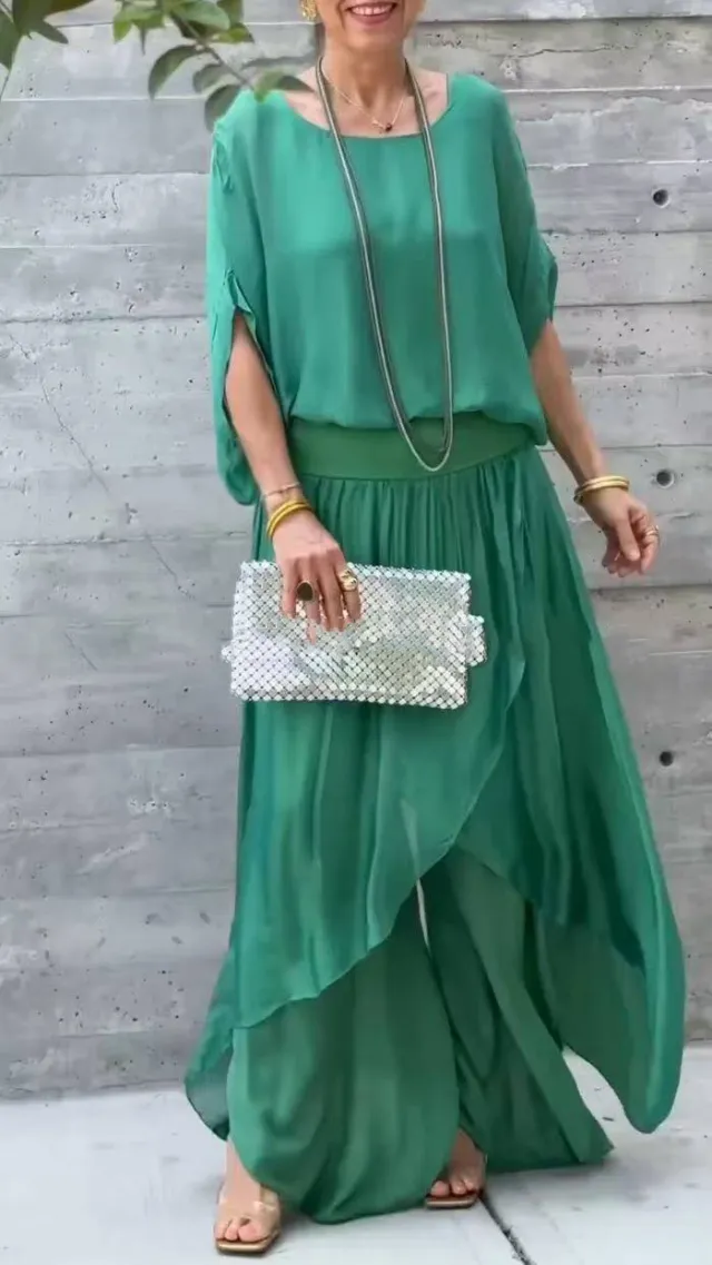 Loose Comfortable Top Split Wide Leg Pants Chiffon Casual Suit Emerald 2Xl - Shop at LoveMi