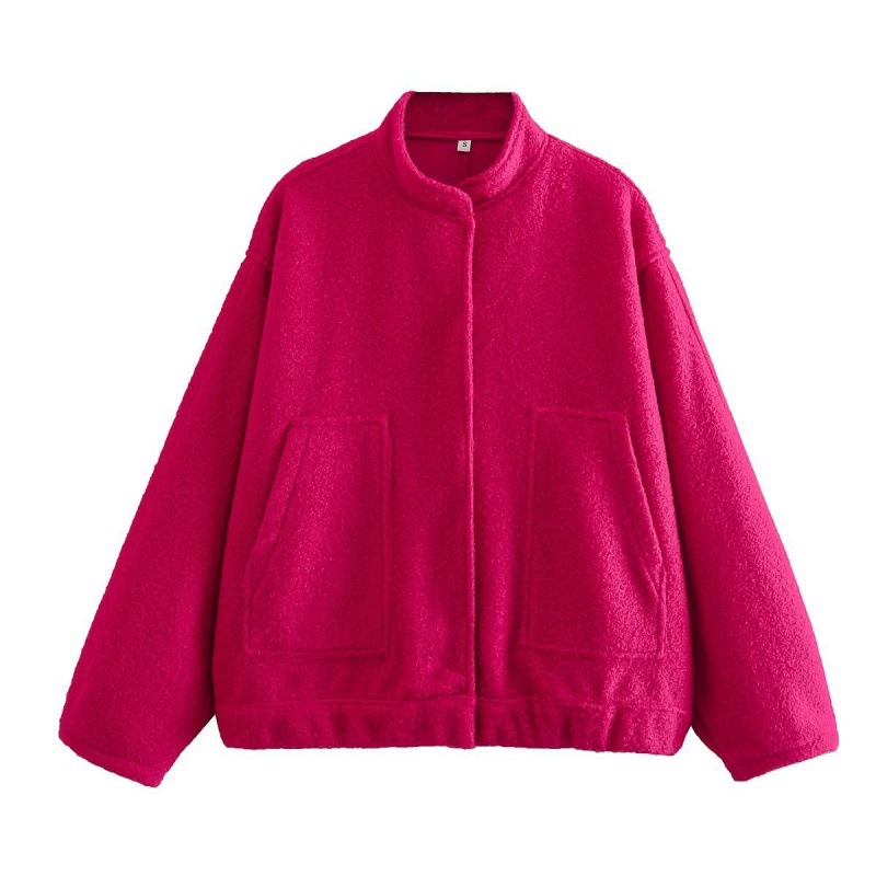 Women's Single breasted Stand Collar Large Pocket Loose Bomber Jacket Red - Shop at LoveMi