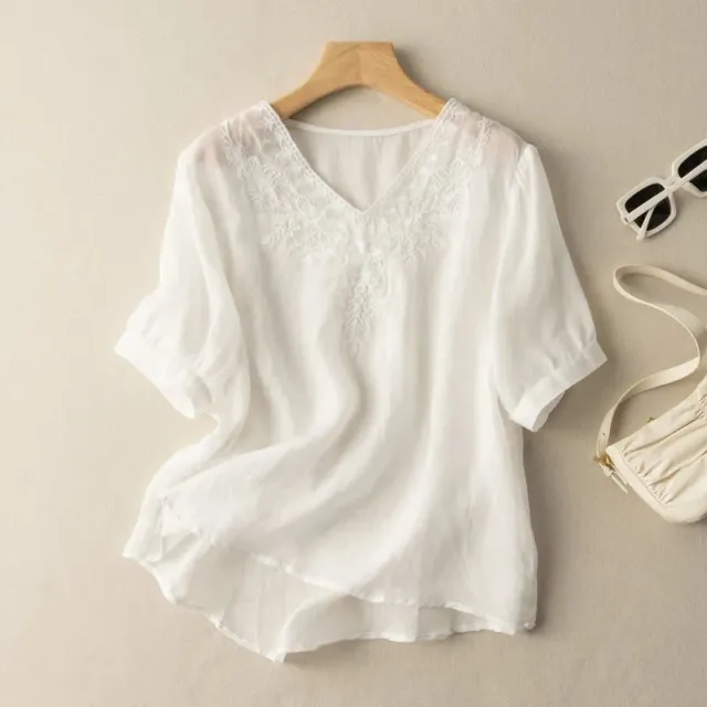V neck Embroidery Loose Thin Slim Fit Slim Looking Large Size Women's Wear Shirt White - Shop at LoveMi