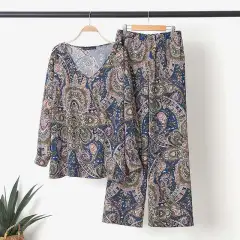 Women's Fashion Floral V-Neck Top Casual Pants Set - Blue - View 1