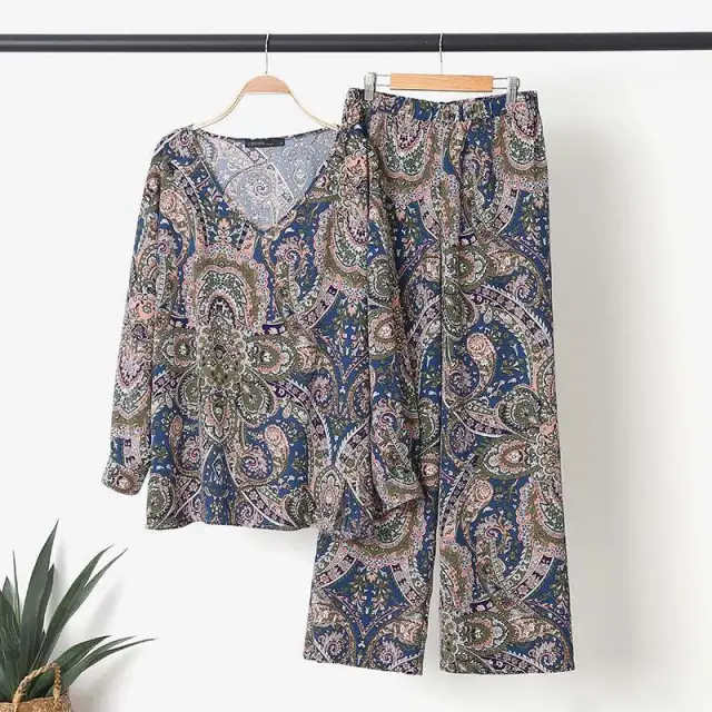 Women's Fashion Floral V Neck Top Casual Pants Set Blue - Shop at LoveMi
